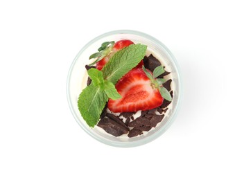 Photo of Tasty panna cotta with chocolate, strawberry and mint isolated on white, top view