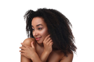 Photo of Portrait of beautiful Brazilian woman after spa treatment on white background