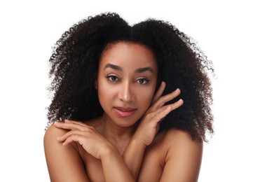 Photo of Portrait of beautiful Brazilian woman after spa treatment on white background