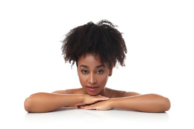 Photo of Portrait of beautiful Brazilian woman after spa treatment on white background