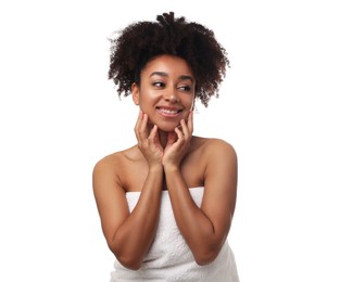 Photo of Portrait of beautiful Brazilian woman after spa treatment on white background
