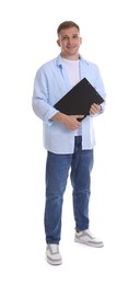 Photo of Smiling psychologist with clipboard on white background