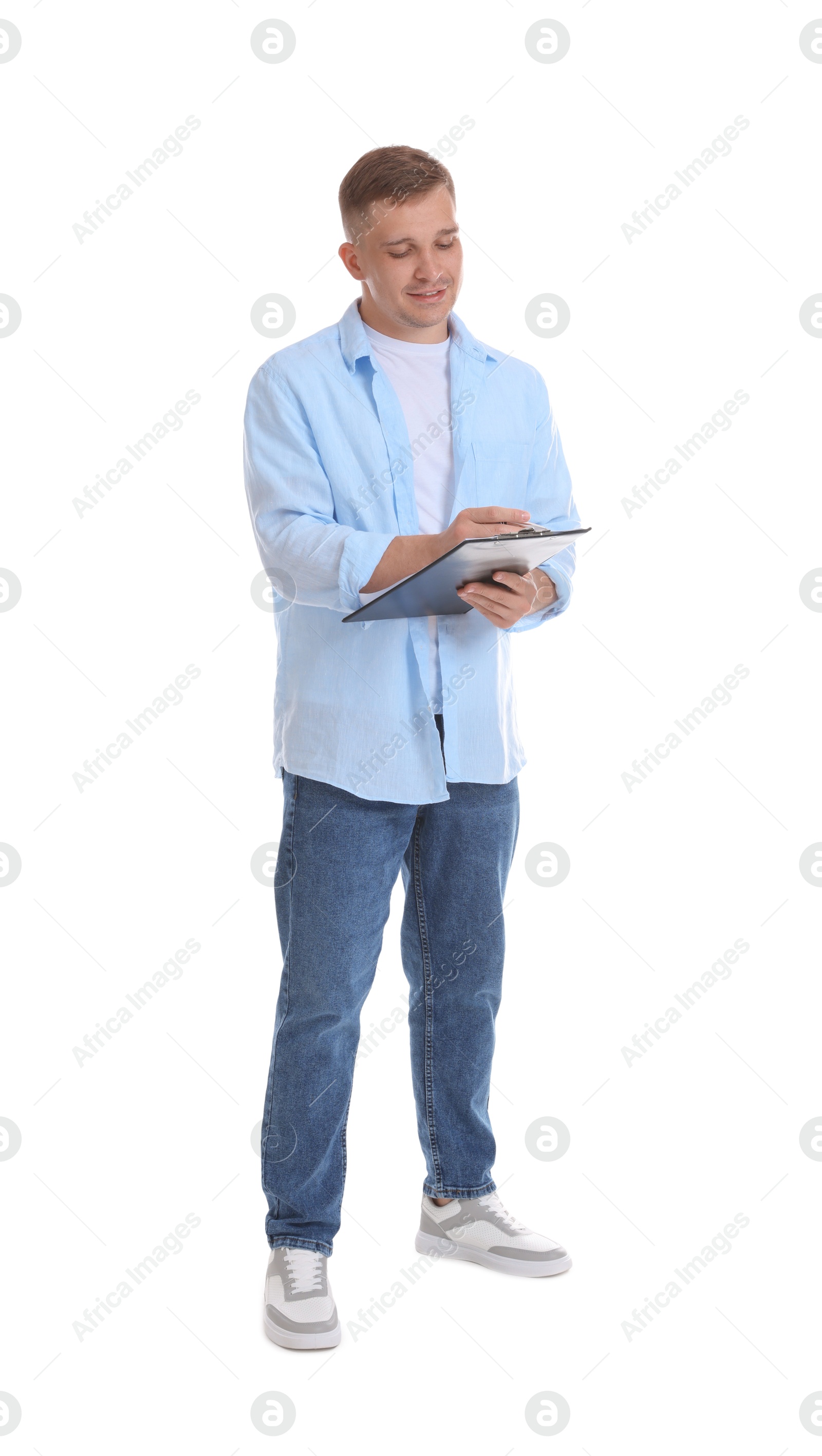 Photo of Smiling psychologist with clipboard on white background