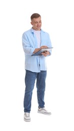Photo of Smiling psychologist with clipboard on white background