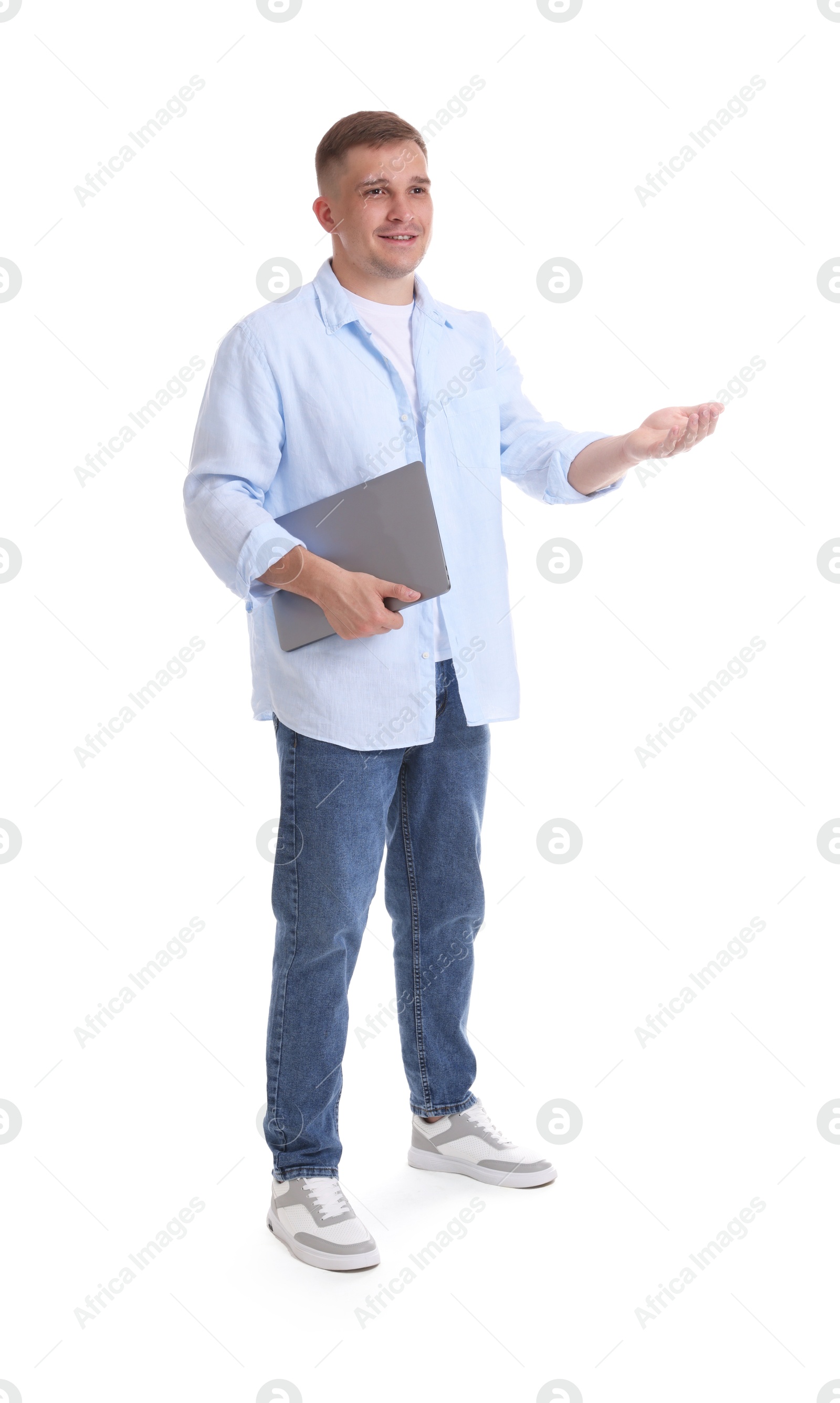 Photo of Smiling psychologist with laptop on white background