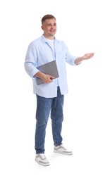 Photo of Smiling psychologist with laptop on white background
