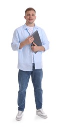 Photo of Smiling psychologist with laptop on white background