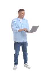 Photo of Smiling psychologist during online session by laptop on white background