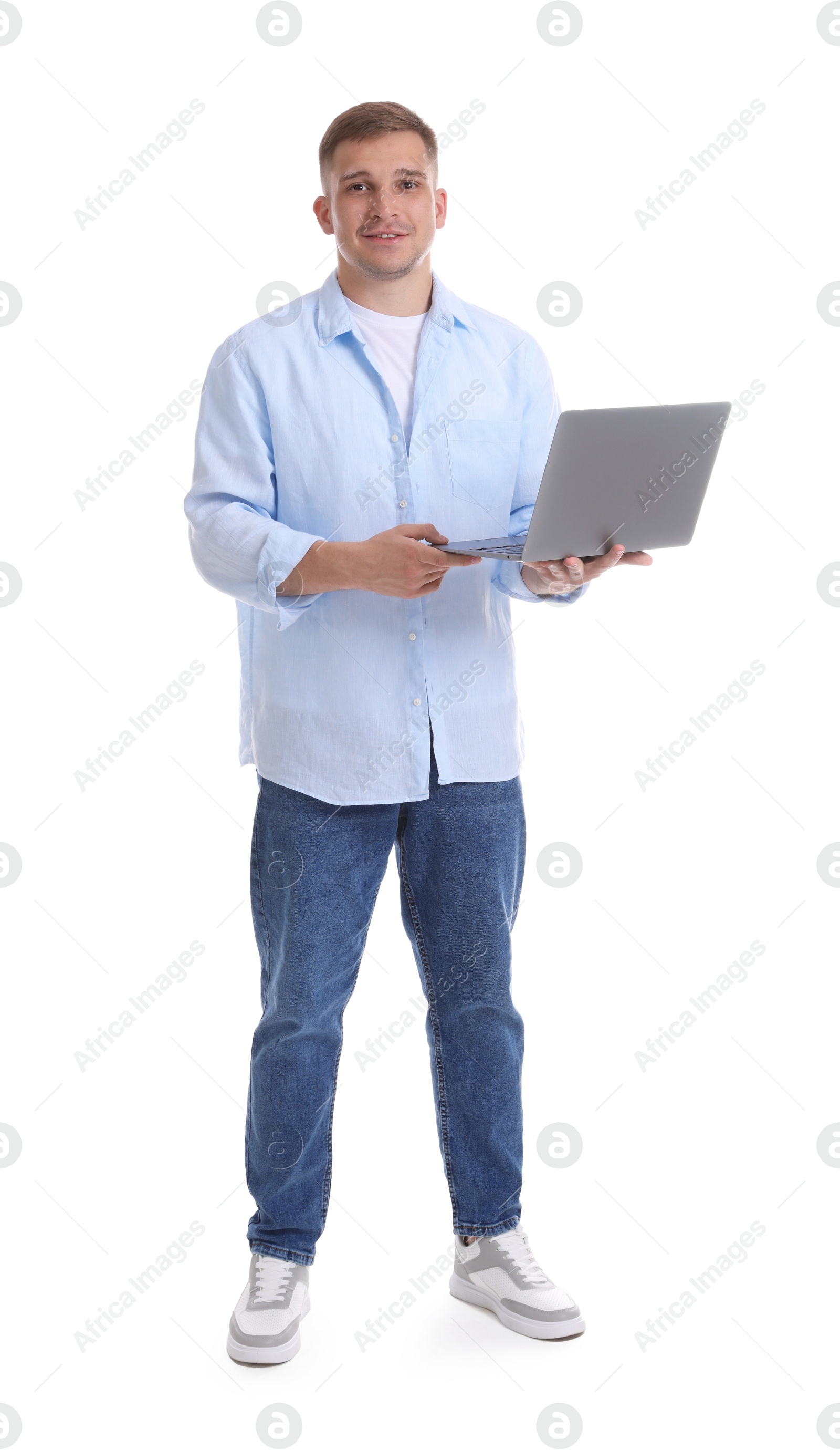 Photo of Smiling psychologist with laptop on white background