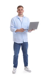 Photo of Smiling psychologist with laptop on white background