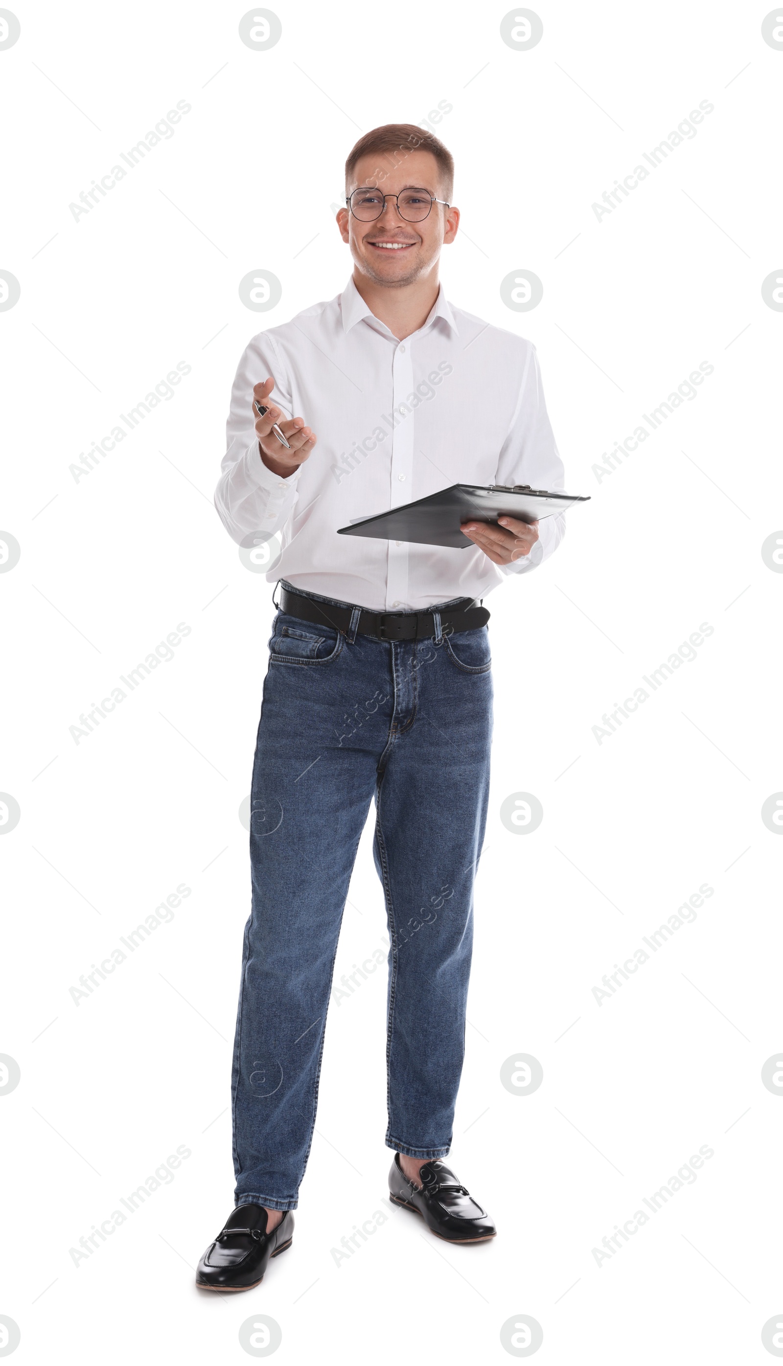 Photo of Smiling psychologist in glasses with clipboard and pen on white background