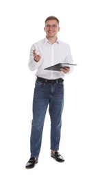 Photo of Smiling psychologist in glasses with clipboard and pen on white background