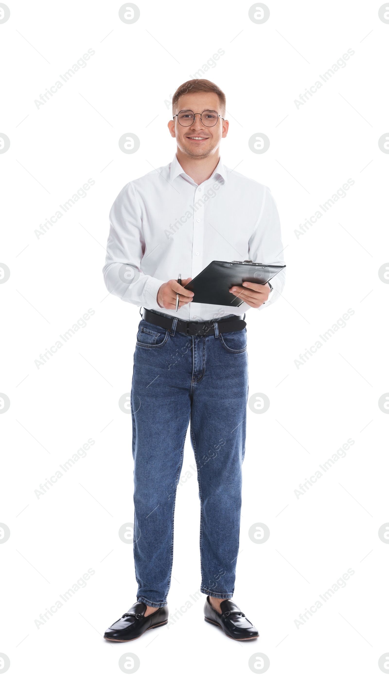 Photo of Smiling psychologist in glasses with clipboard and pen on white background