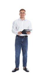 Photo of Smiling psychologist in glasses with clipboard and pen on white background