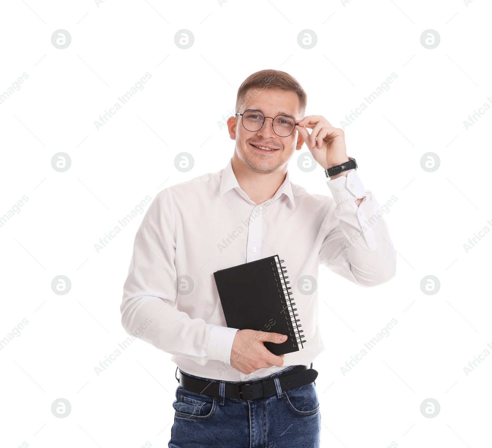 Photo of Portrait of smiling psychologist in glasses with notepad on white background
