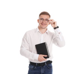 Photo of Portrait of smiling psychologist in glasses with notepad on white background