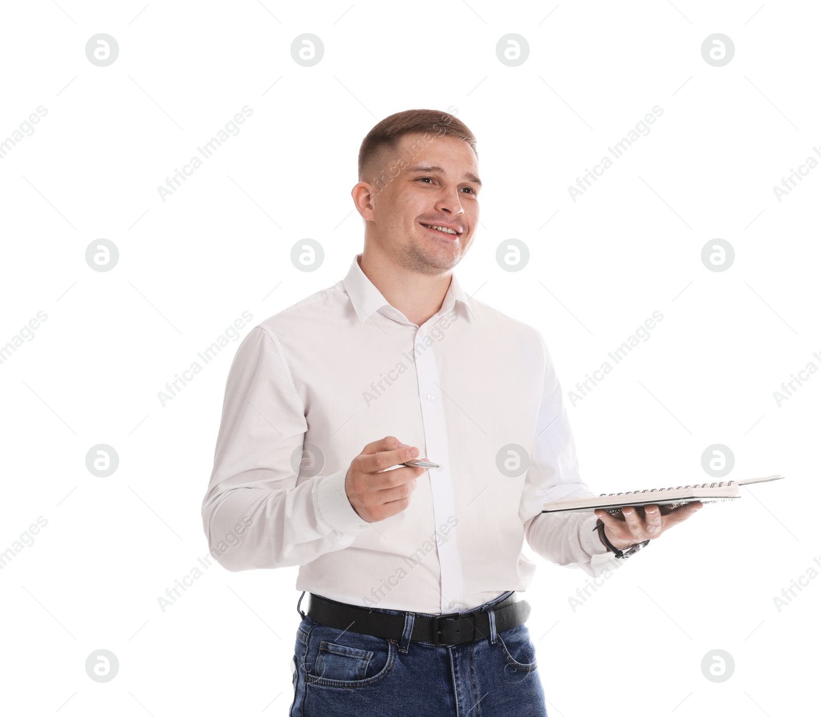 Photo of Smiling psychologist with clipboard and pen on white background