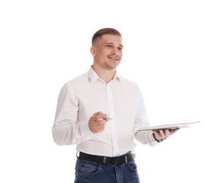 Photo of Smiling psychologist with clipboard and pen on white background