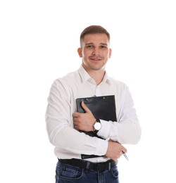 Photo of Portrait of smiling psychologist with clipboard on white background