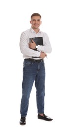 Photo of Smiling psychologist with clipboard on white background