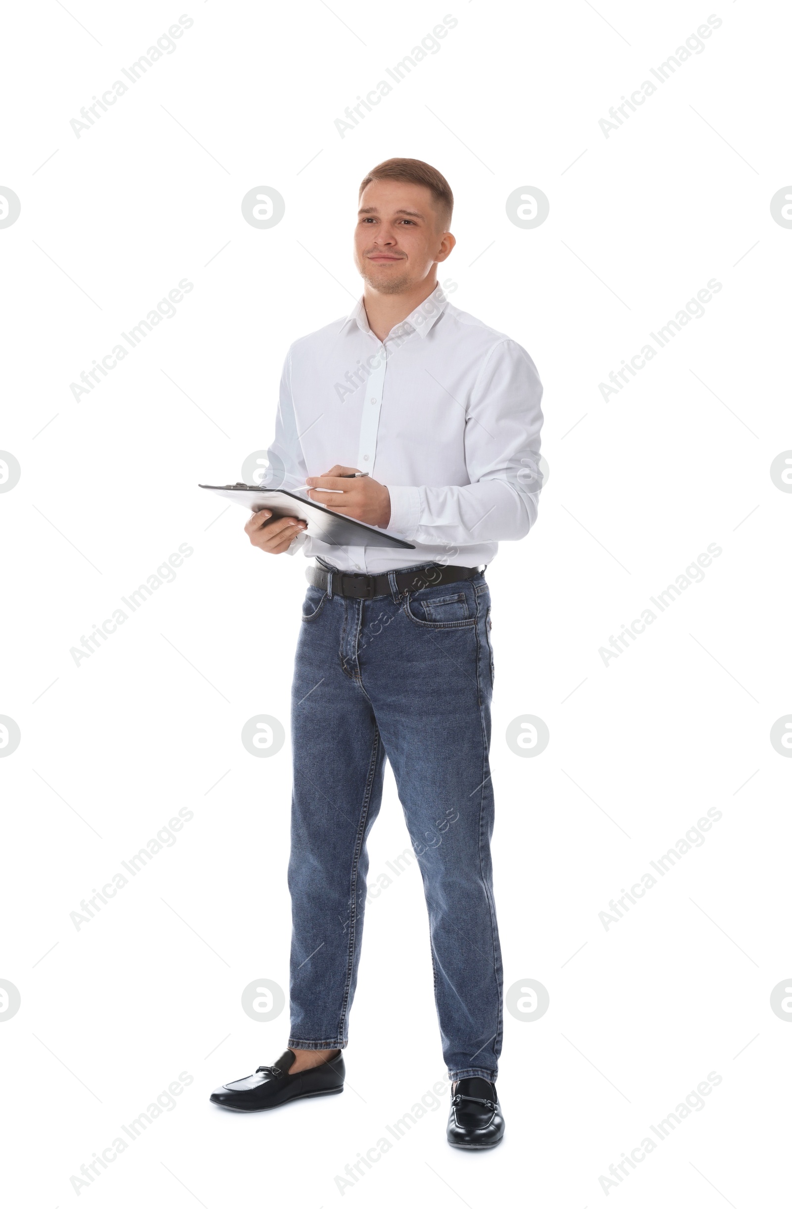 Photo of Psychologist with clipboard and pen on white background