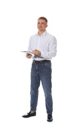 Photo of Psychologist with clipboard and pen on white background