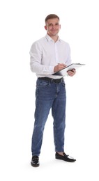 Photo of Psychologist with clipboard and pen on white background