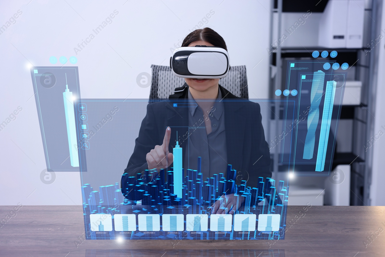 Image of Building information modelling. Woman using virtual reality headset in office. Holographic screen with cityscape