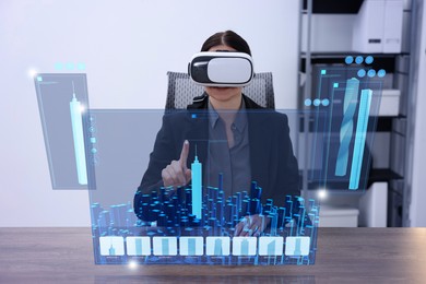 Image of Building information modelling. Woman using virtual reality headset in office. Holographic screen with cityscape