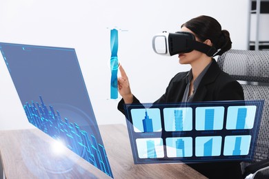 Image of Building information modelling. Woman using virtual reality headset in office. Holographic screen with cityscape