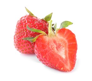 Photo of Whole and cut strawberries isolated on white