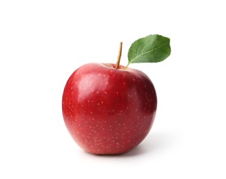 Photo of One fresh apple with green leaf isolated on white