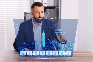 Image of Building information modelling. Man using virtual screen in office