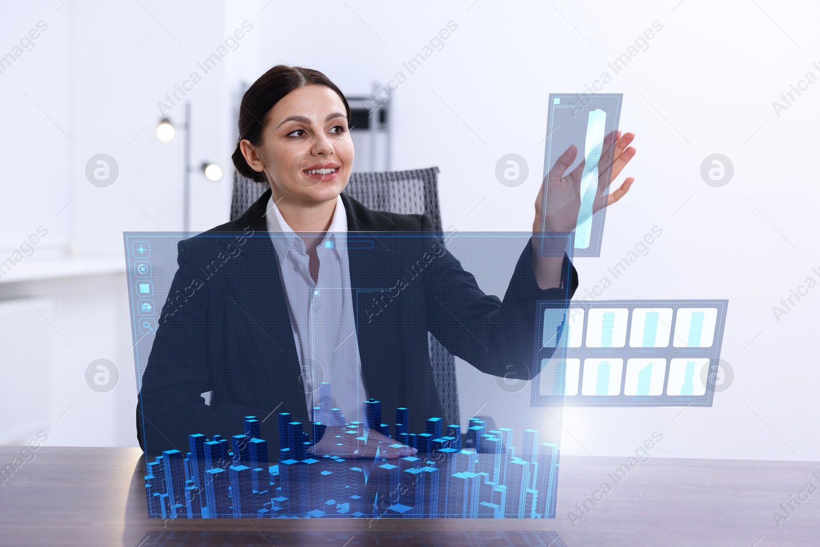 Image of Building information modelling. Woman using virtual screen in office