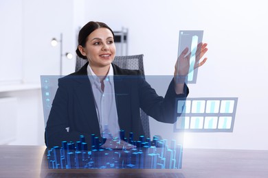 Image of Building information modelling. Woman using virtual screen in office
