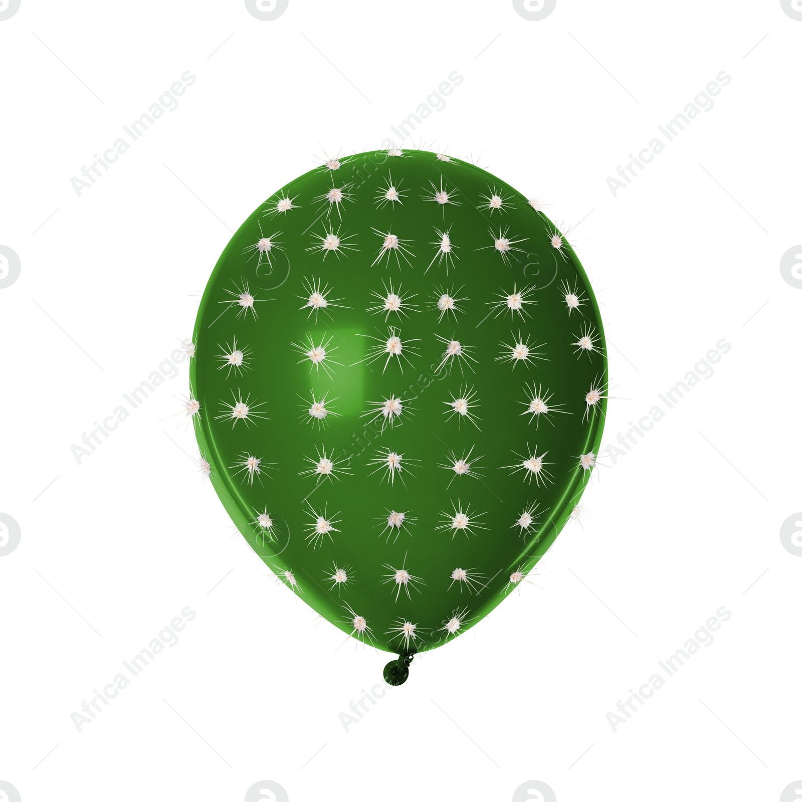 Image of Green balloon covered with cactus prickles on white background