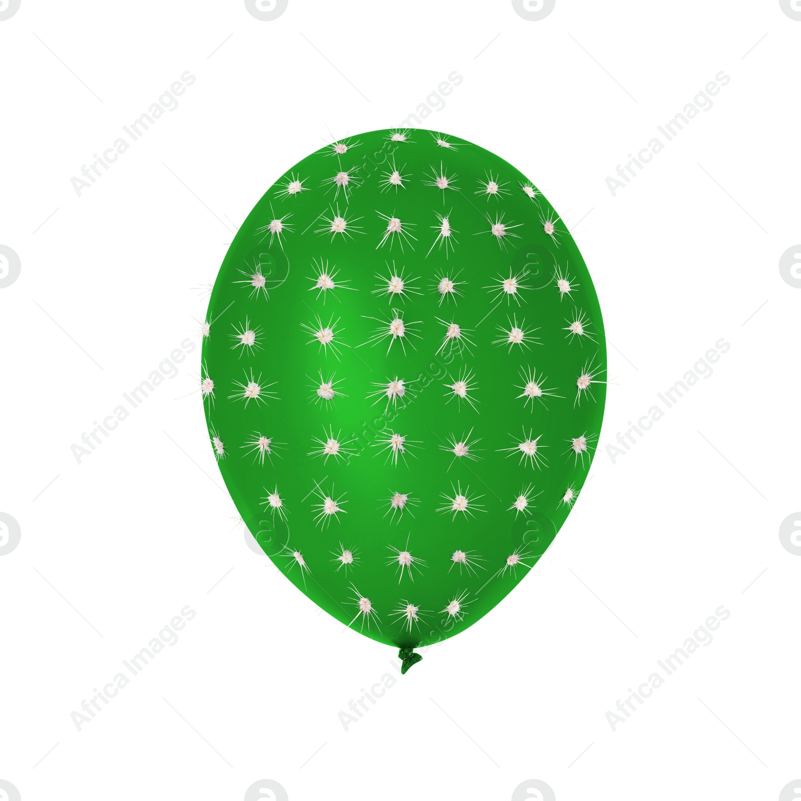 Image of Green balloon covered with cactus prickles on white background