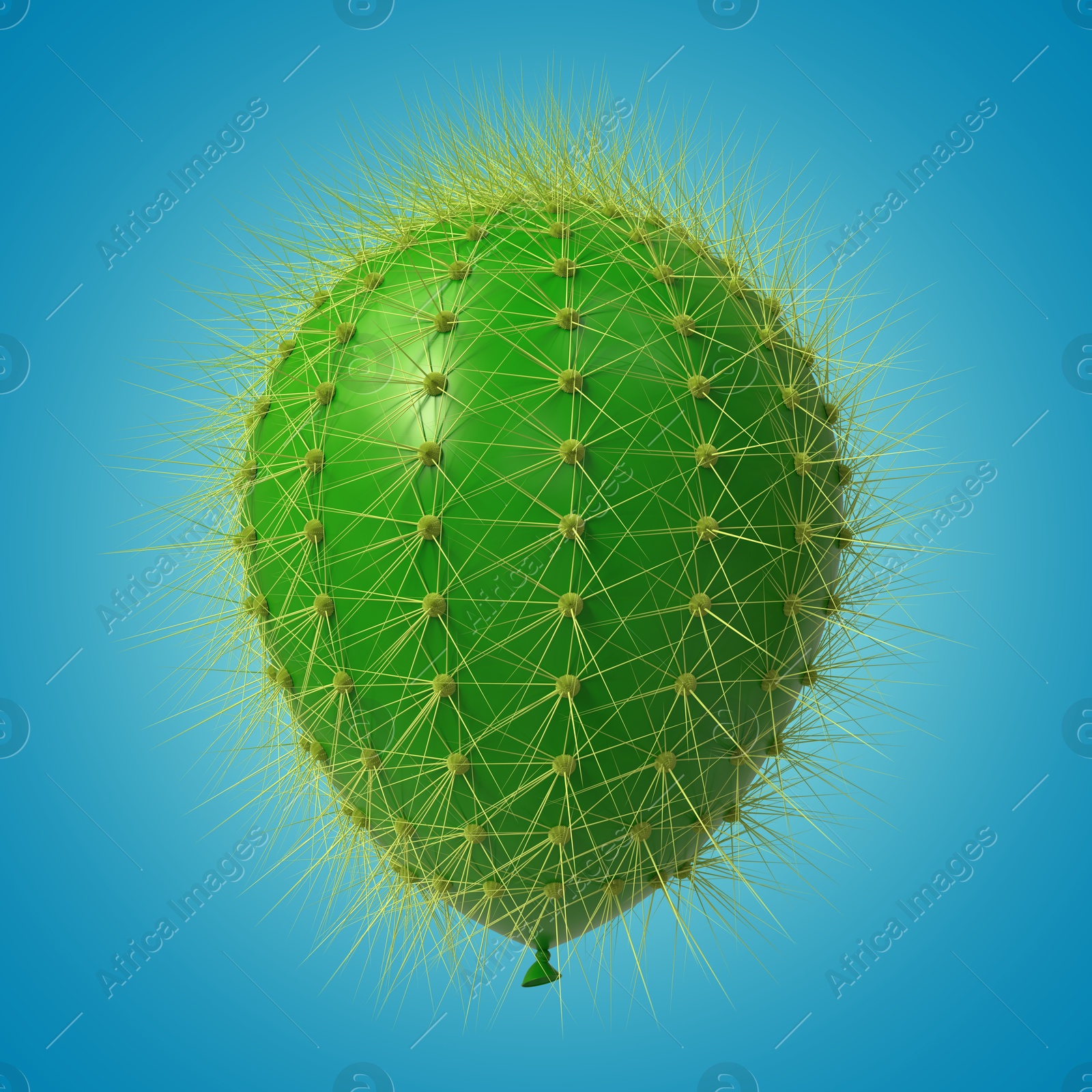 Image of Green balloon covered with cactus prickles on blue gradient background