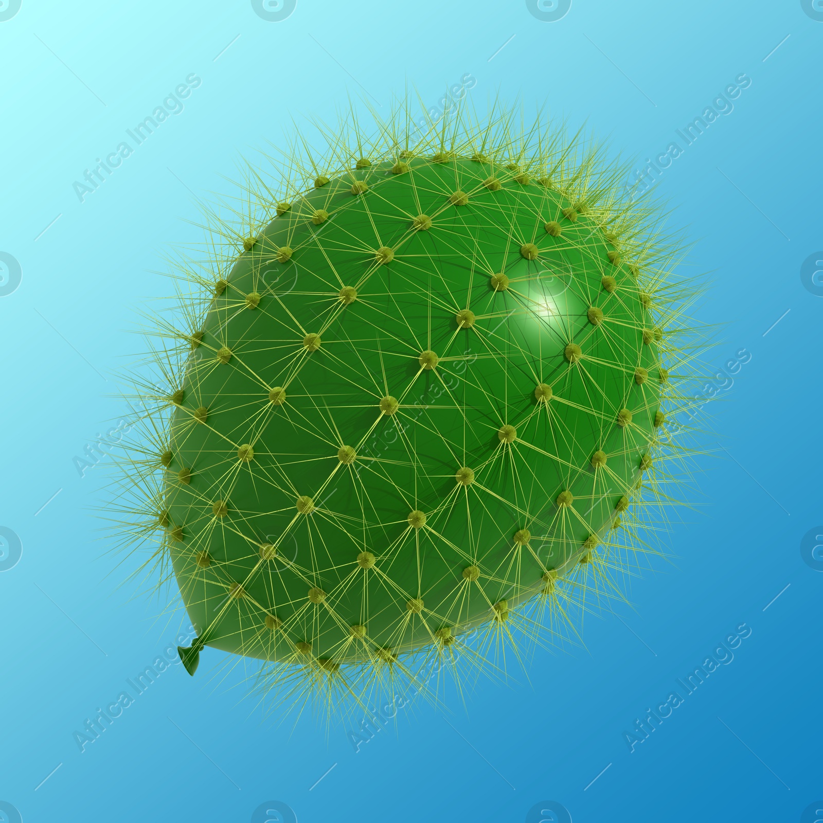 Image of Green balloon covered with cactus prickles on blue gradient background