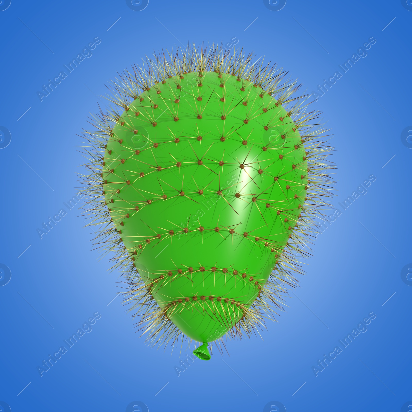 Image of Green balloon covered with cactus prickles on blue gradient background