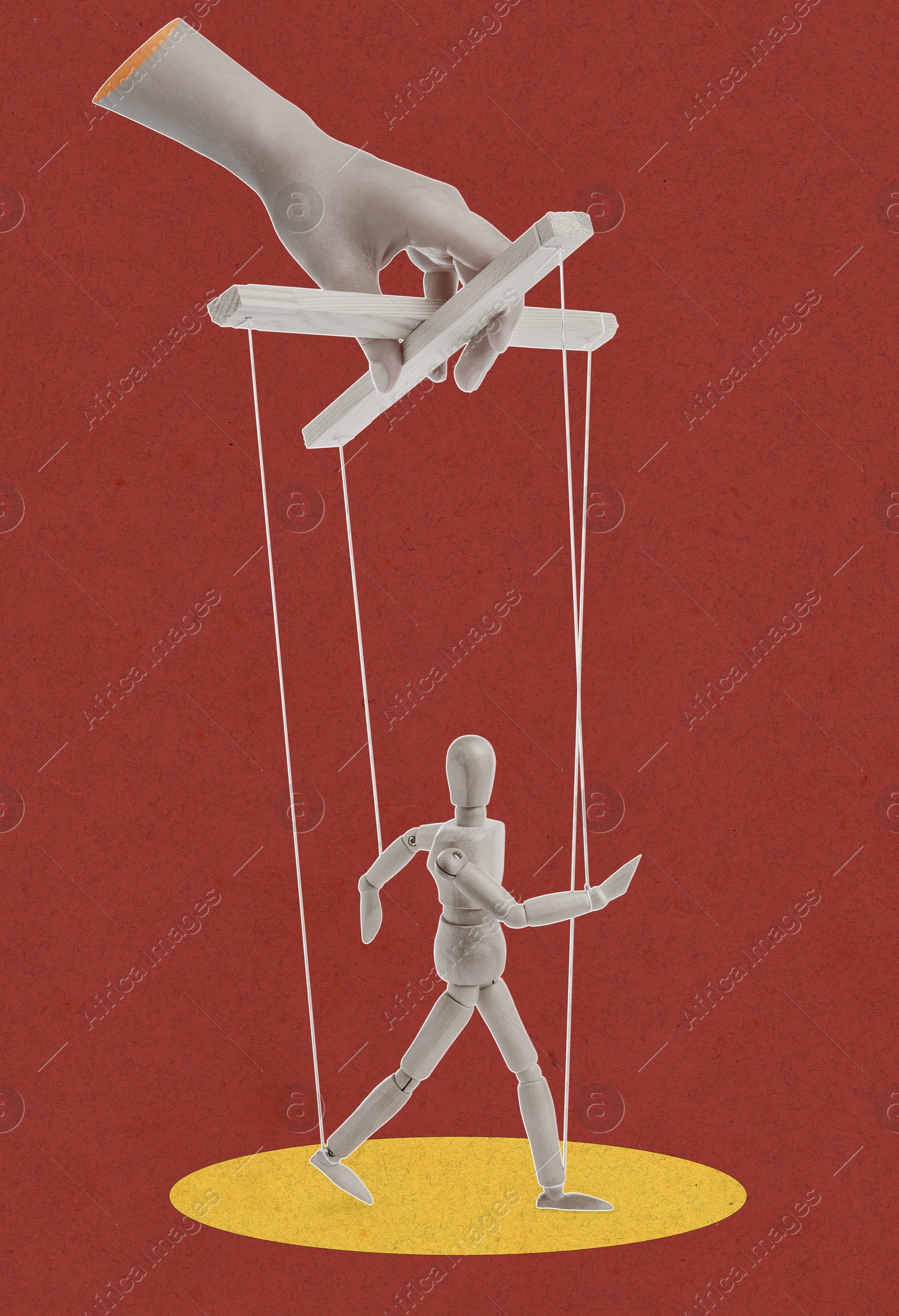 Woman's hand pulling strings of puppet on dark red background. Creative artwork Image of Woman's hand pulling strings of puppet on dark red background. Creative artwork