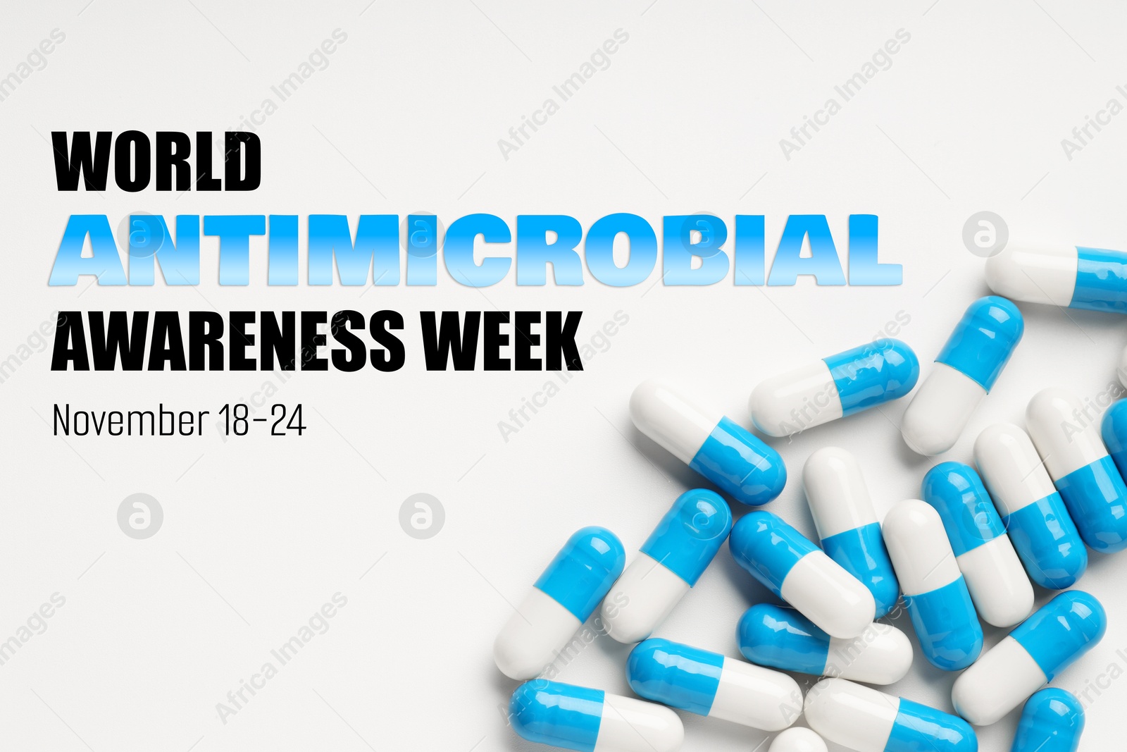 World antibiotic awareness week. Many pills on white background, flat lay Image of World antibiotic awareness week. Many pills on white background, flat lay