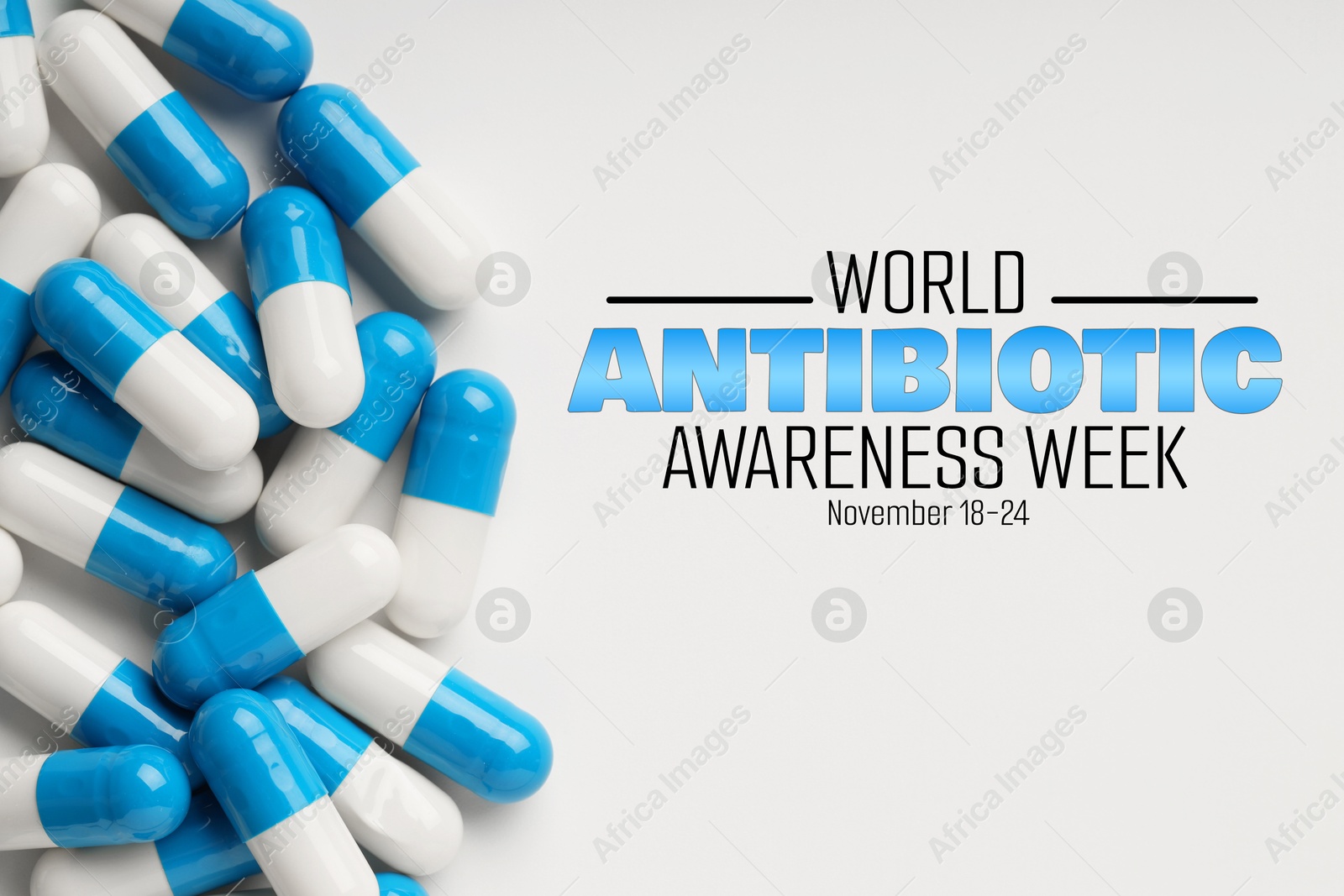 World antibiotic awareness week. Many pills on white background, flat lay Image of World antibiotic awareness week. Many pills on white background, flat lay