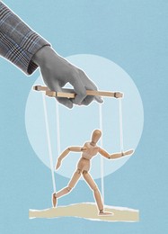 Image of Man pulling strings of puppet on light blue background, closeup. Creative artwork