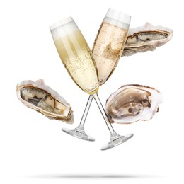 Image of Sparkling wine in glasses and fresh oysters falling on white background