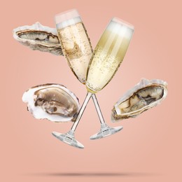 Image of Sparkling wine in glasses and fresh oysters falling on pink beige background
