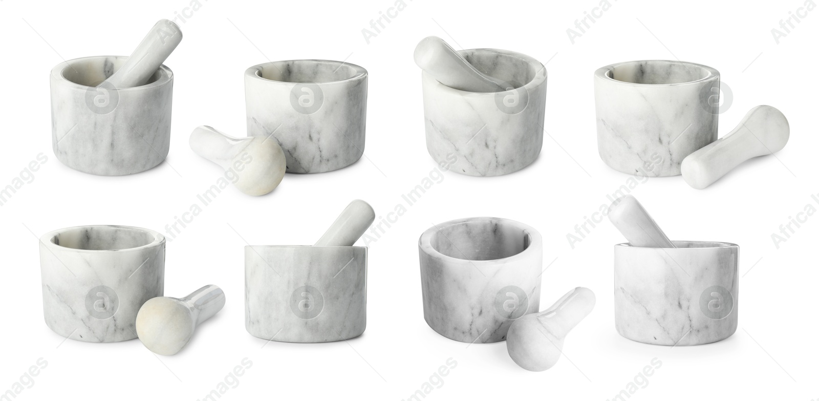 Marble mortar and pestle isolated on white, collage Image of Marble mortar and pestle isolated on white, collage