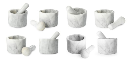 Image of Marble mortar and pestle isolated on white, collage
