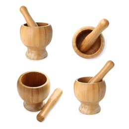 Image of Wooden mortar and pestle isolated on white, collage. Top and side view