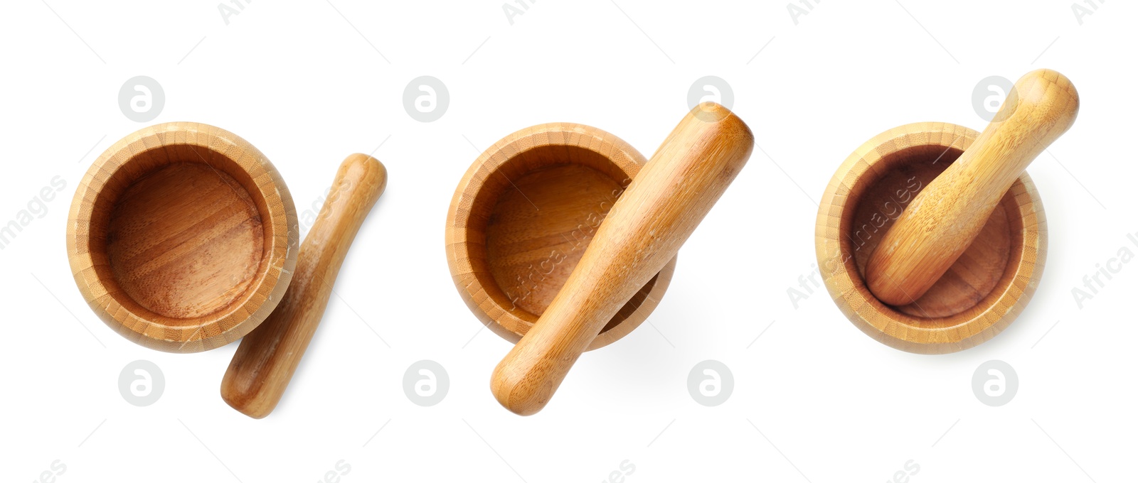 Image of Wooden mortar and pestle isolated on white, set. Top view